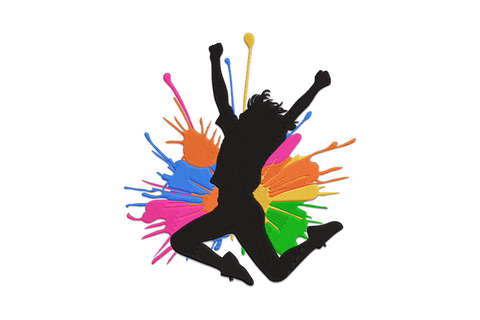 Girl jumping mid-air with colour splash burst, 6-colour energetic silhouette machine embroidery, 7 sizes 3.22 to 6.89 inches