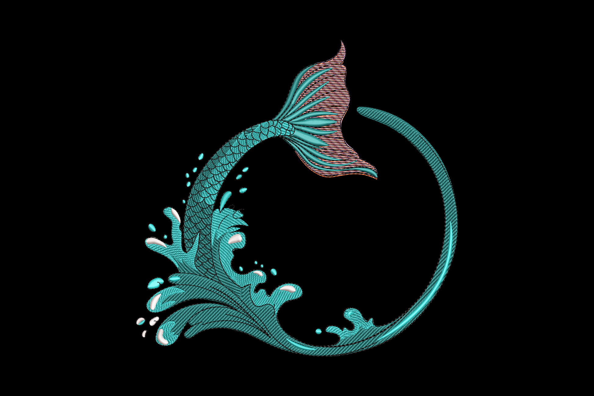 Jumping koi fish embroidery design in traditional Japanese style with orange-red scales, gold fins and teal water splash at base