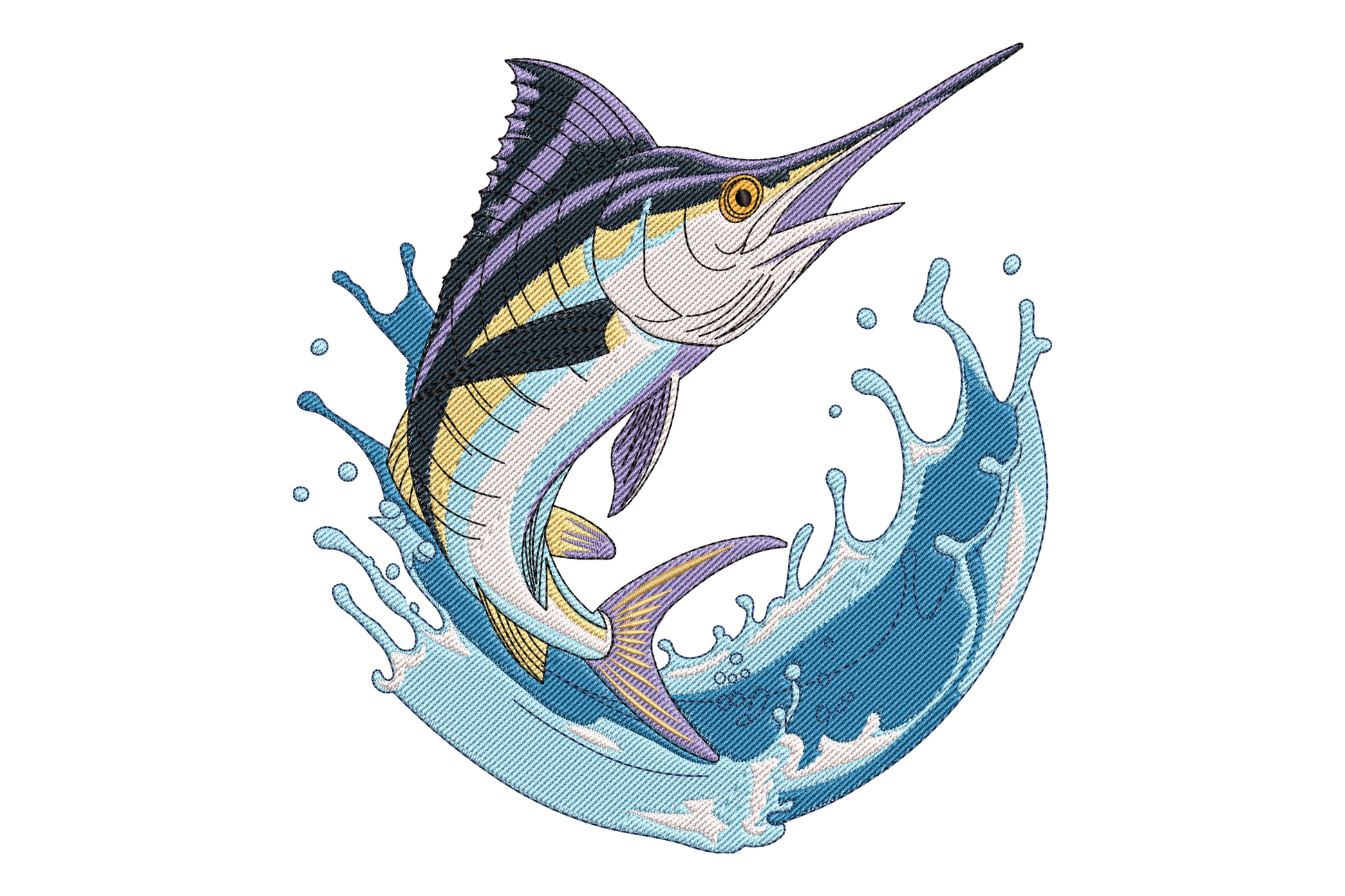 Blue marlin leaping from water in a dramatic arc, ten-colour satin fill with navy-to-silver body transition and white splash, diagonal composition embroidery design.