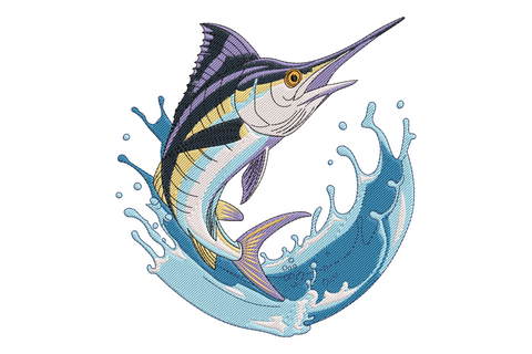 Blue marlin leaping from water in a dramatic arc, ten-colour satin fill with navy-to-silver body transition and white splash, diagonal composition embroidery design.
