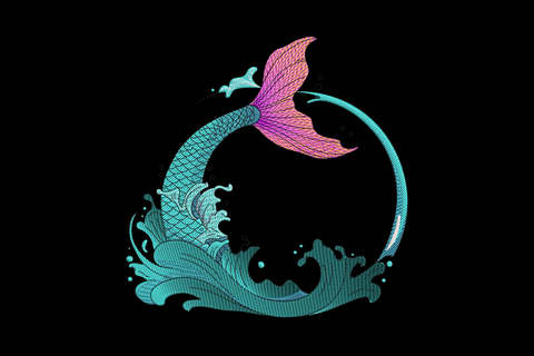 Jumping mermaid tail wave embroidery design inside a circular wave frame, orange and pink fin scales in aqua and teal.