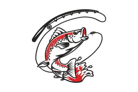 Machine embroidery of jumping rainbow trout, red lateral stripe, black spots on white body, fly rod arc with line and hook in open mouth