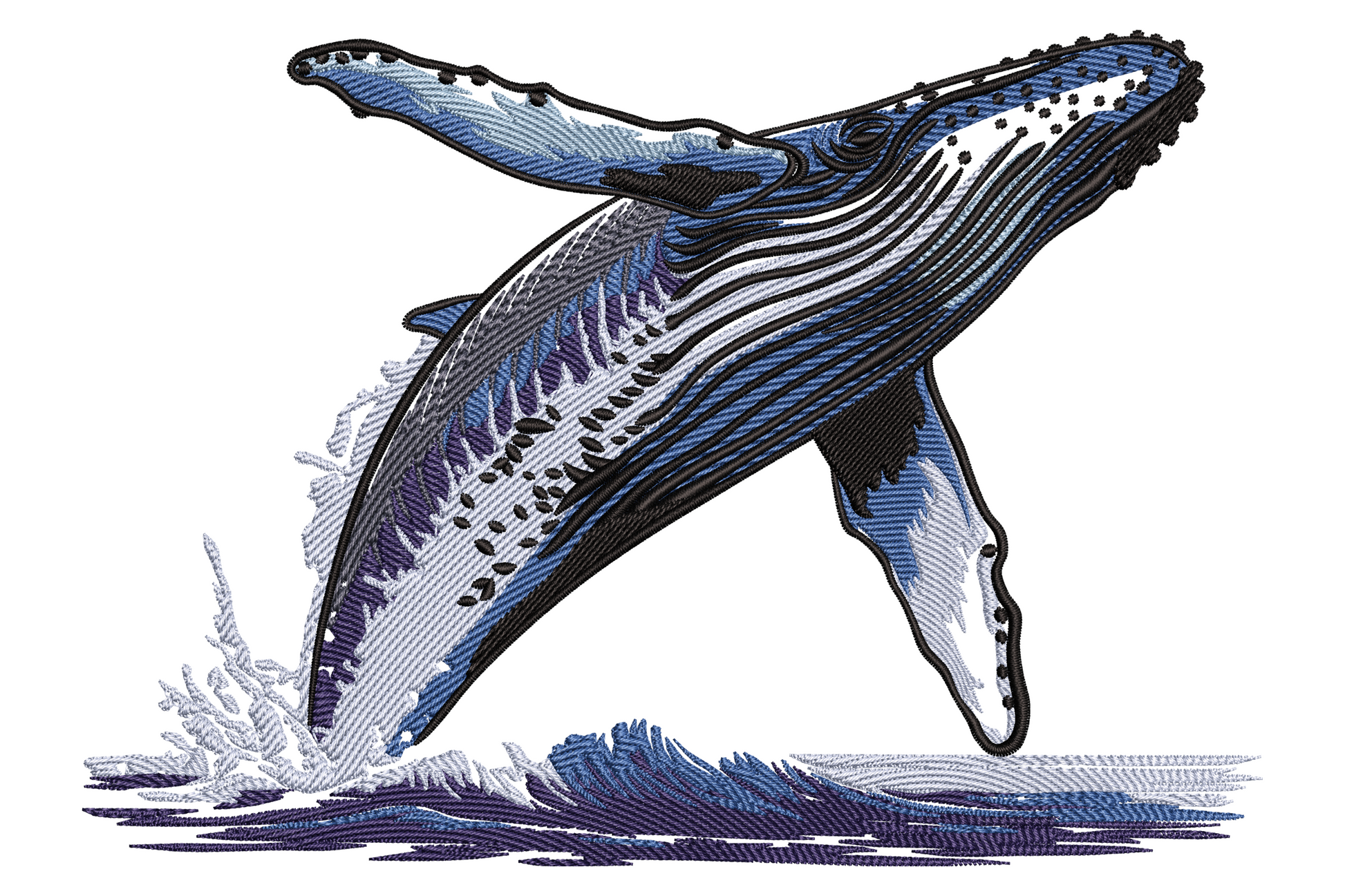 Jumping humpback whale embroidery design in deep navy and slate grey, full breach pose with white belly stripes and ocean wave foam at base.