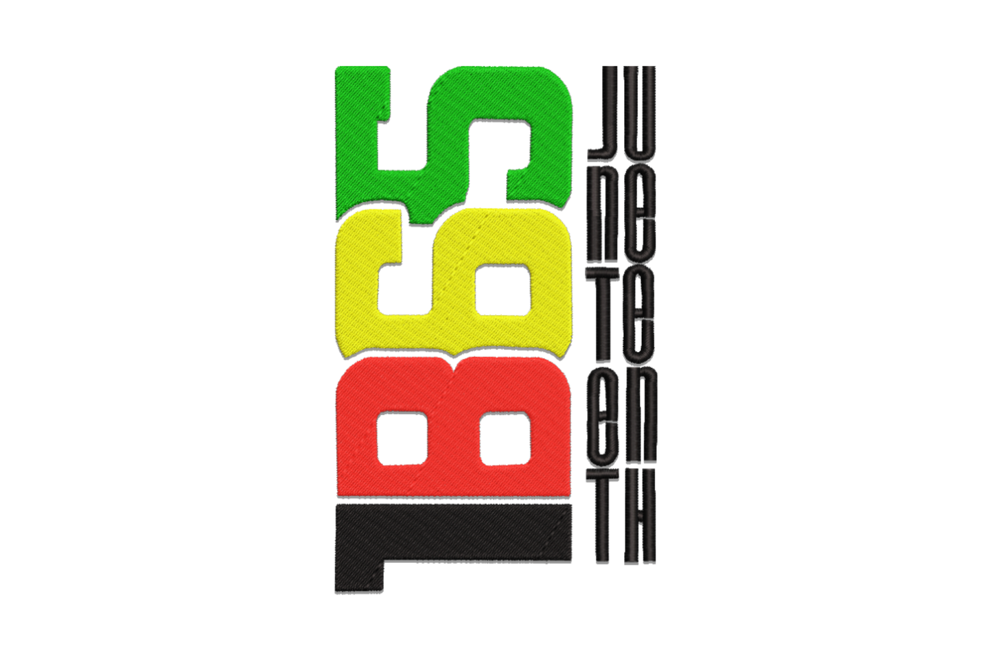 Juneteenth bold block embroidery, stacked vertical 1865 numbers in green yellow red black beside tall vertical JUNETEENTH in black caps.