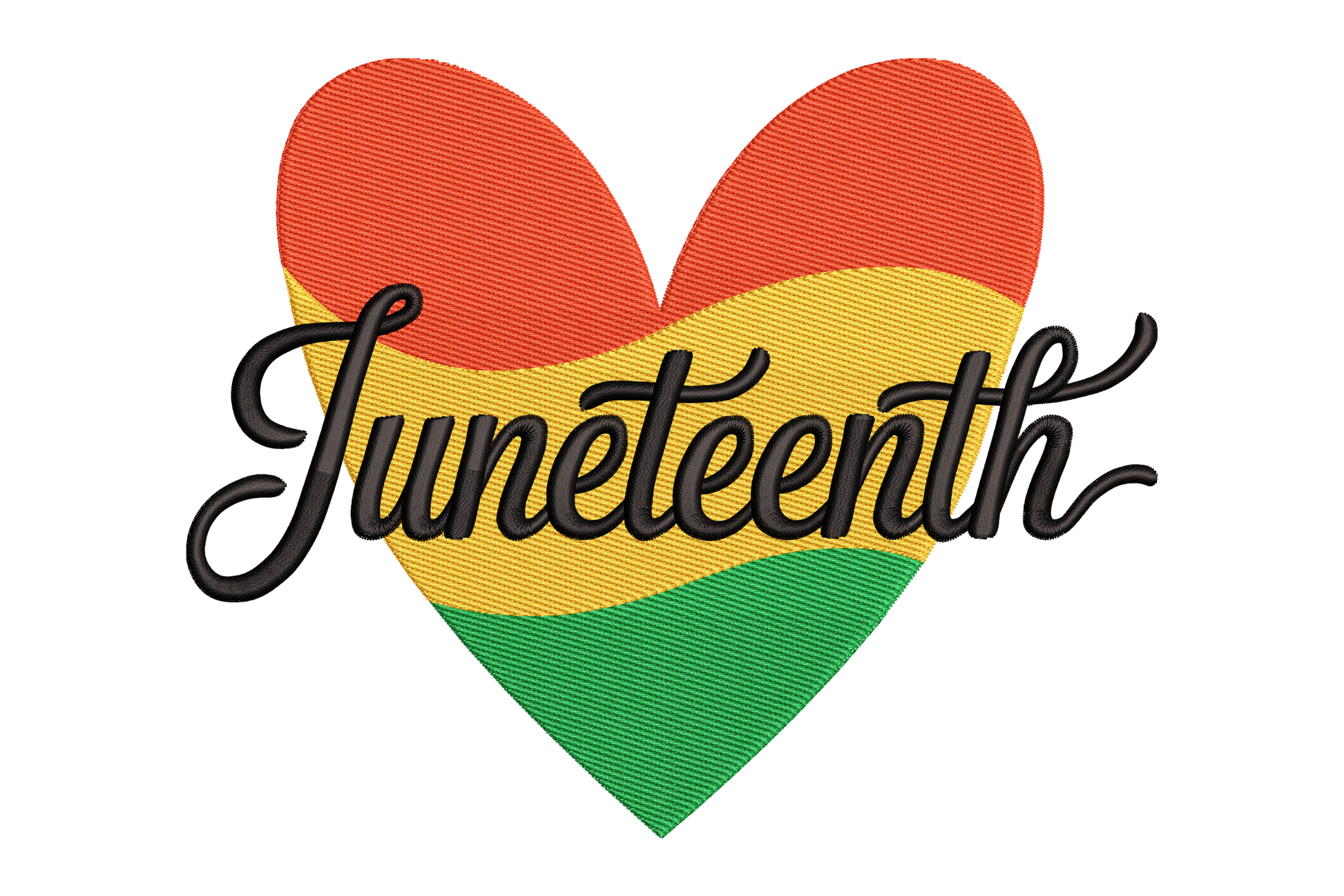 Heart-shaped patch with 'Juneteenth' text in red, yellow, and green embroidery design