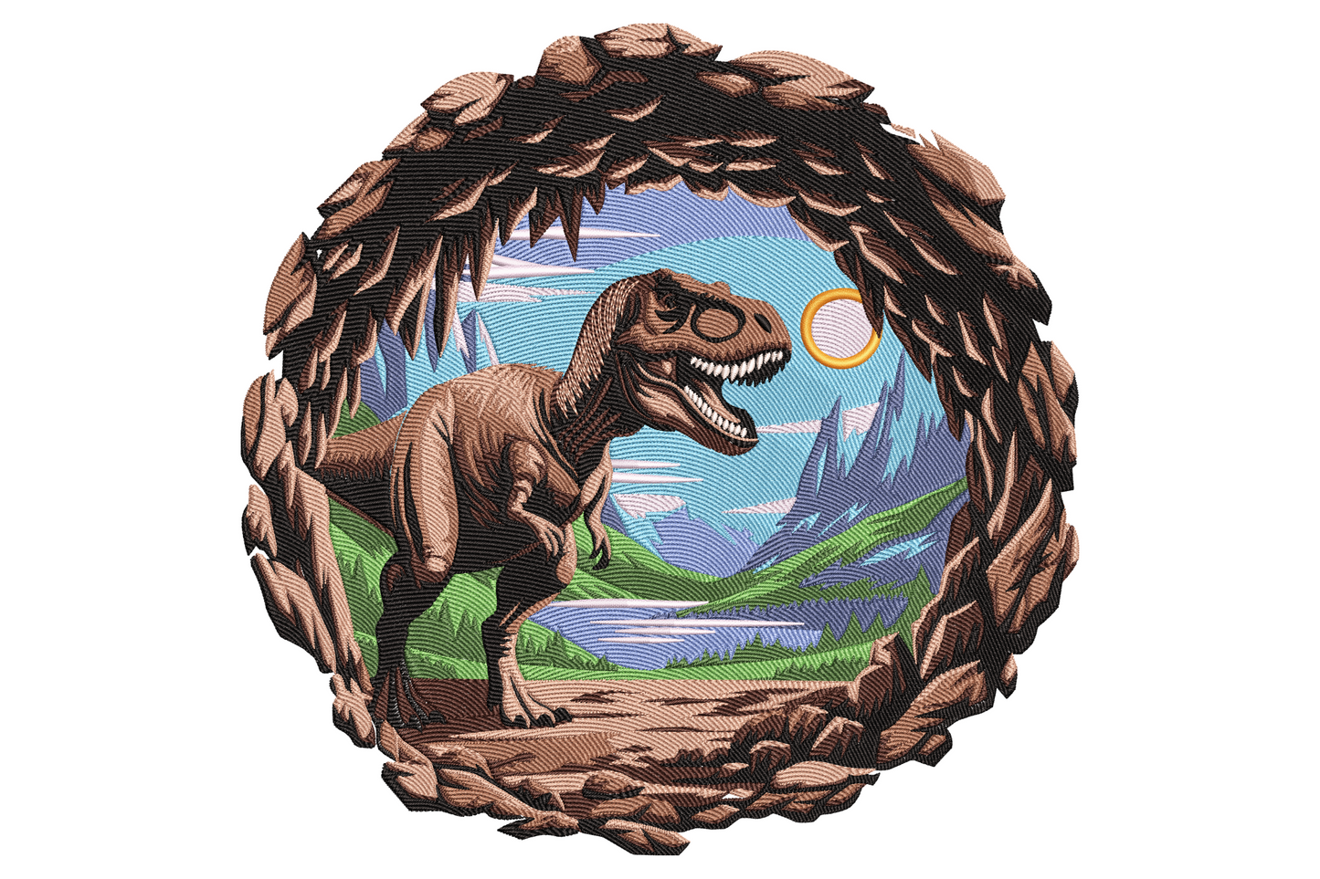 Jurassic cave scene embroidery design with T-rex inside a circular rocky cave, prehistoric mountains and pines in background.
