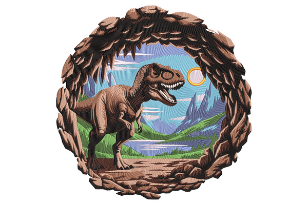 Jurassic cave scene embroidery design with T-rex inside a circular rocky cave, prehistoric mountains and pines in background.