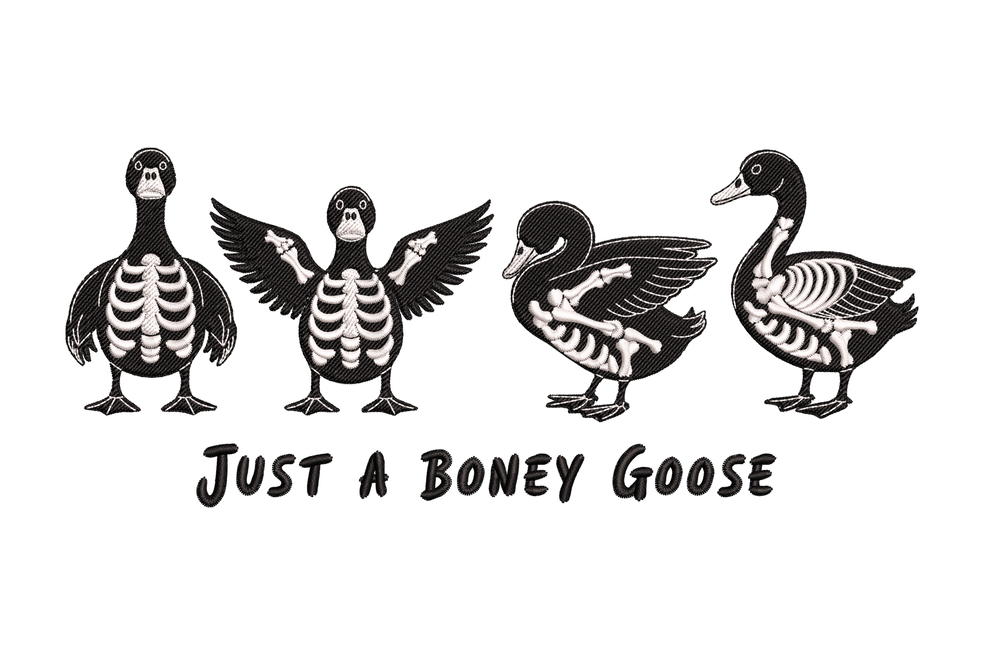 Just a boney goose embroidery, four geese in a row with black bodies and white skeleton bones showing through