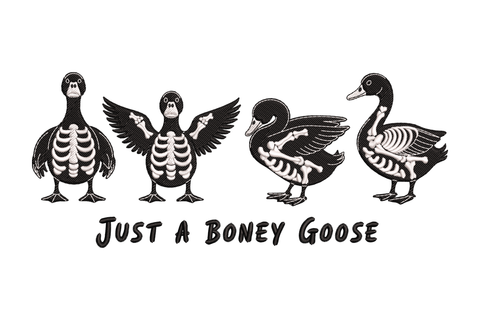 Just a boney goose embroidery, four geese in a row with black bodies and white skeleton bones showing through
