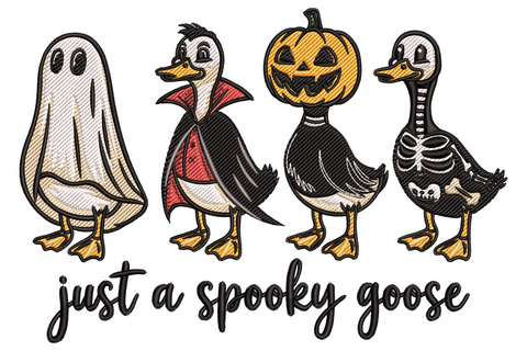 Spooky goose halloween embroidery, cartoon goose in white ghost sheet with orange beak and feet peeking out, deadpan expression, 9 colours.