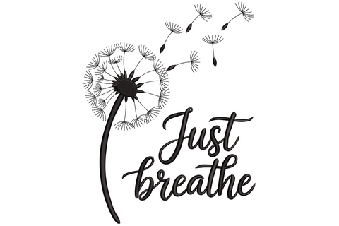 Black embroidery design of dandelion with blowing seeds and brush script Just Breathe lettering below the stem.