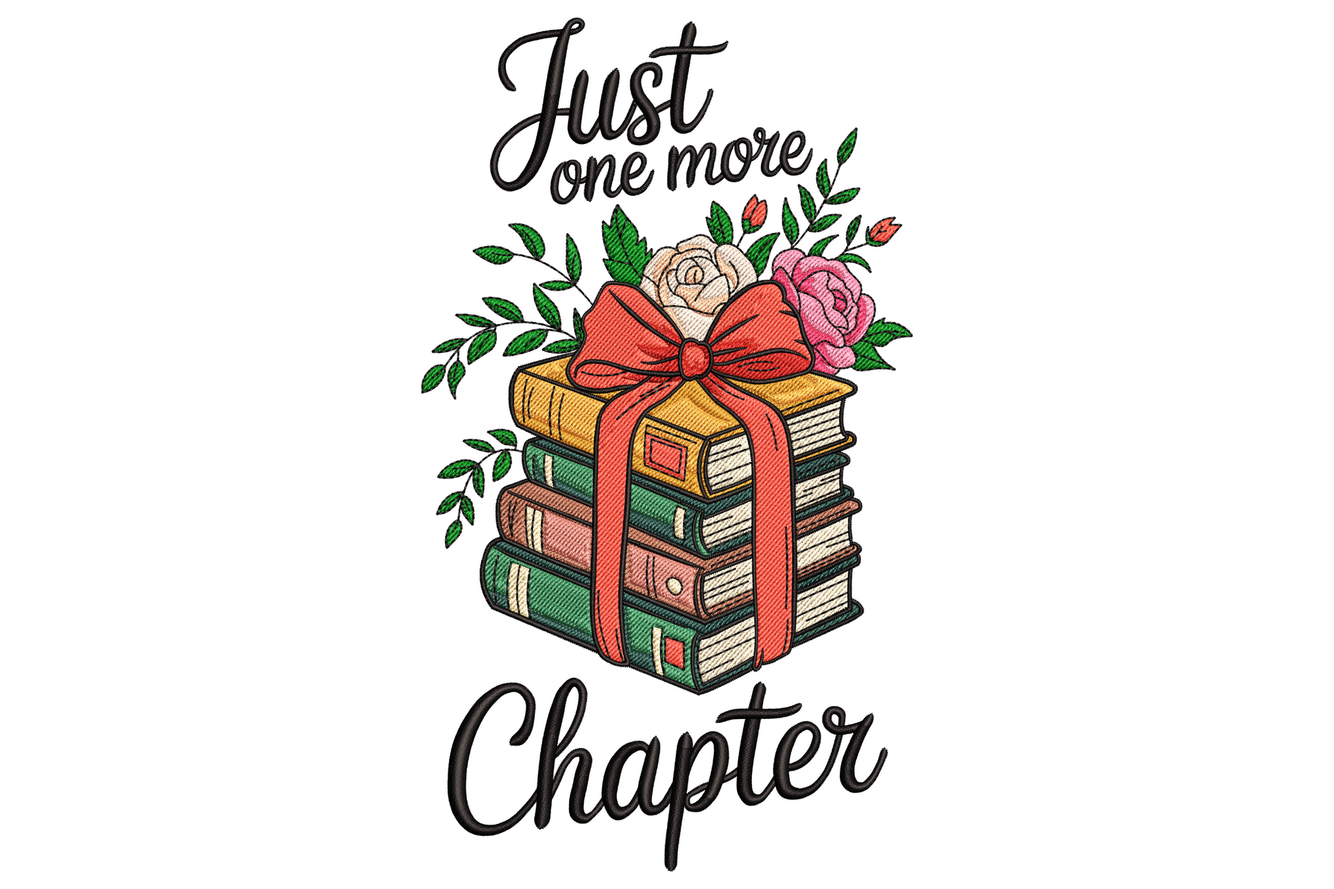 Just One More Chapter book stack embroidery with mustard, green and rust spines, coral ribbon, cream peony, sage leaves.