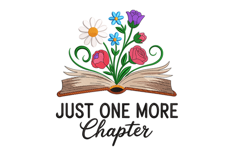 Open book with flowers and 'Just One More Chapter' text on a white background
