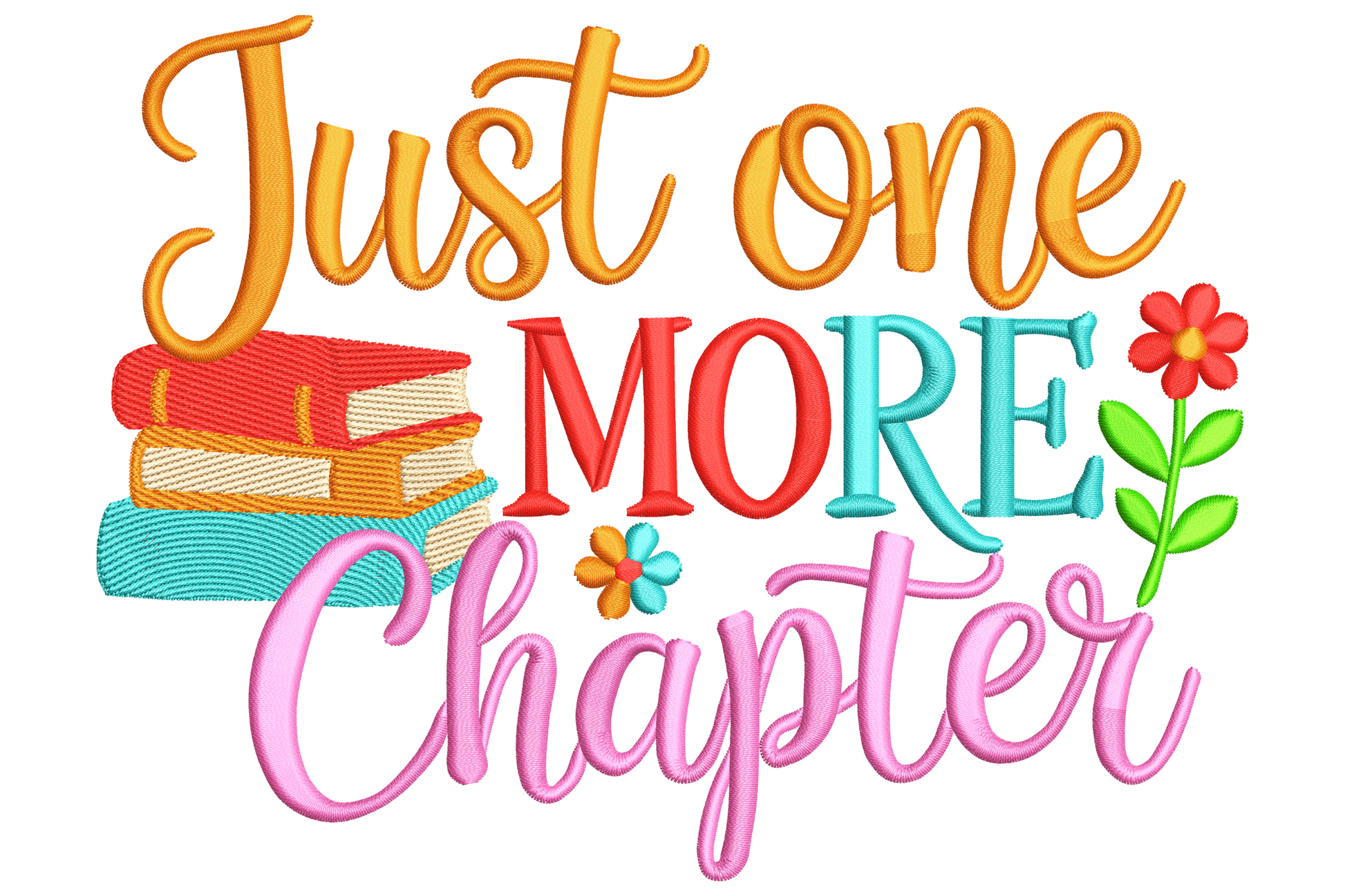 Just One More Chapter book-lover quote with coral, red and pink lettering over a small stack of pastel peach and aqua books.