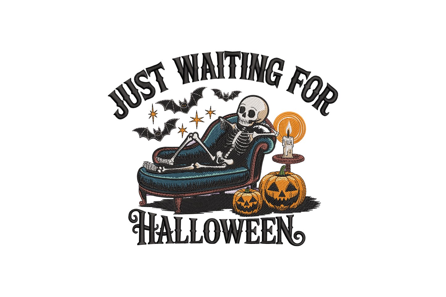 Halloween-themed design with skeleton on a couch, pumpkins, and text 'Just Waiting for Halloween' embroidery design