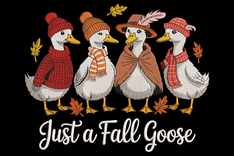 Just a Fall Goose farmhouse embroidery design, plump white goose with autumn accessories in plaid scarf, sixteen-colour fall palette, 3.5 by 2.81 inch wide format.
