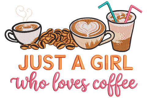 Coffee lover embroidery design, three cups with espresso, latte-art cappuccino and iced drink above orange and pink script.