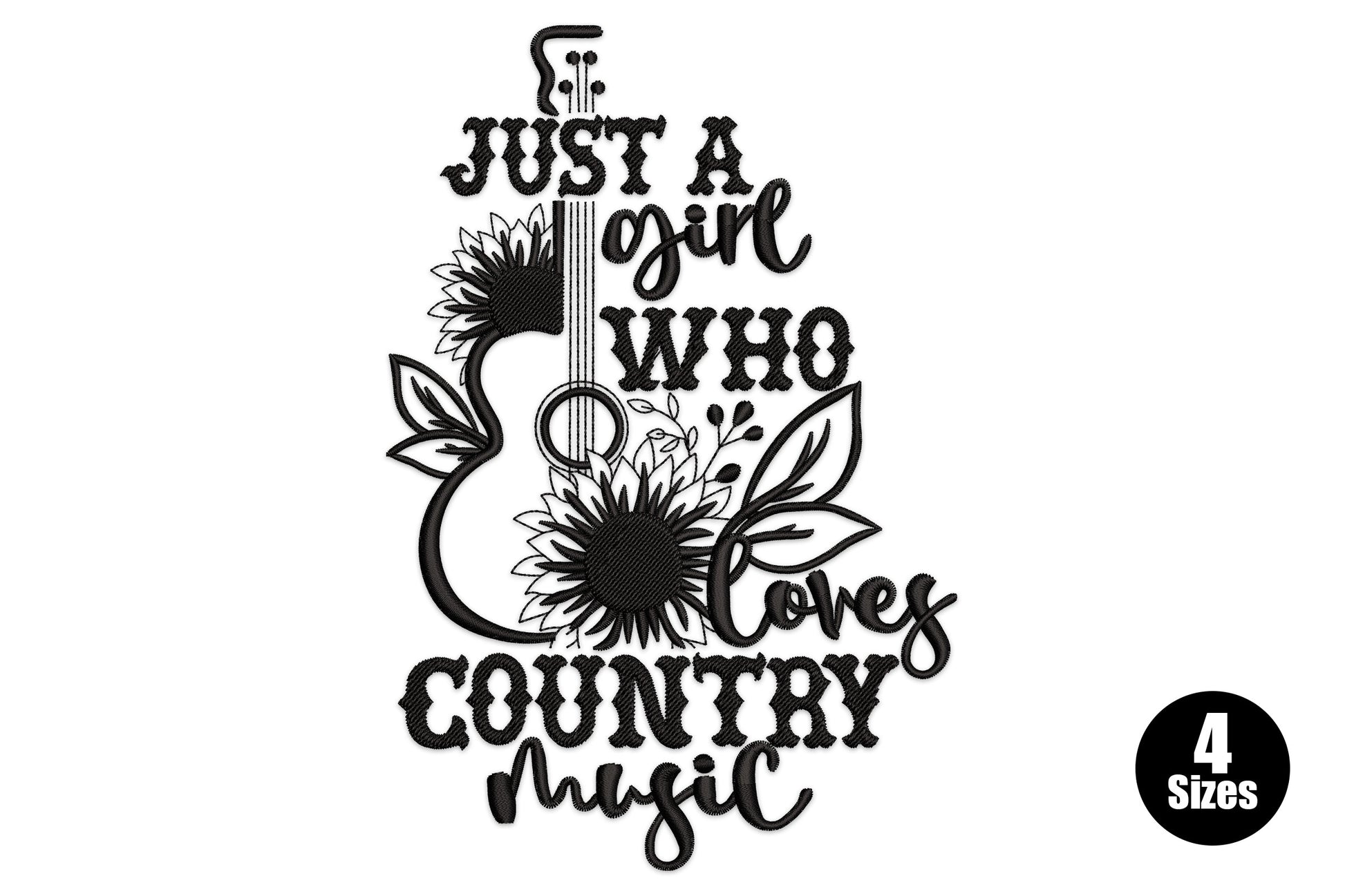 Just a girl who loves country music embroidery design, guitar with sunflowers and botanical leaves, black single thread