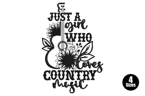 Just a girl who loves country music embroidery design, guitar with sunflowers and botanical leaves, black single thread