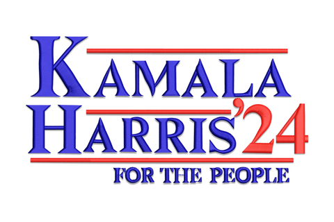 Kamala Harris 24 For The People embroidery design, bold blue serif text with red accent lines, campaign poster style