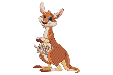 Kangaroo mom embroidery design standing tall with twin joeys peeking from her pouch in warm tan, cream and soft pink tones.