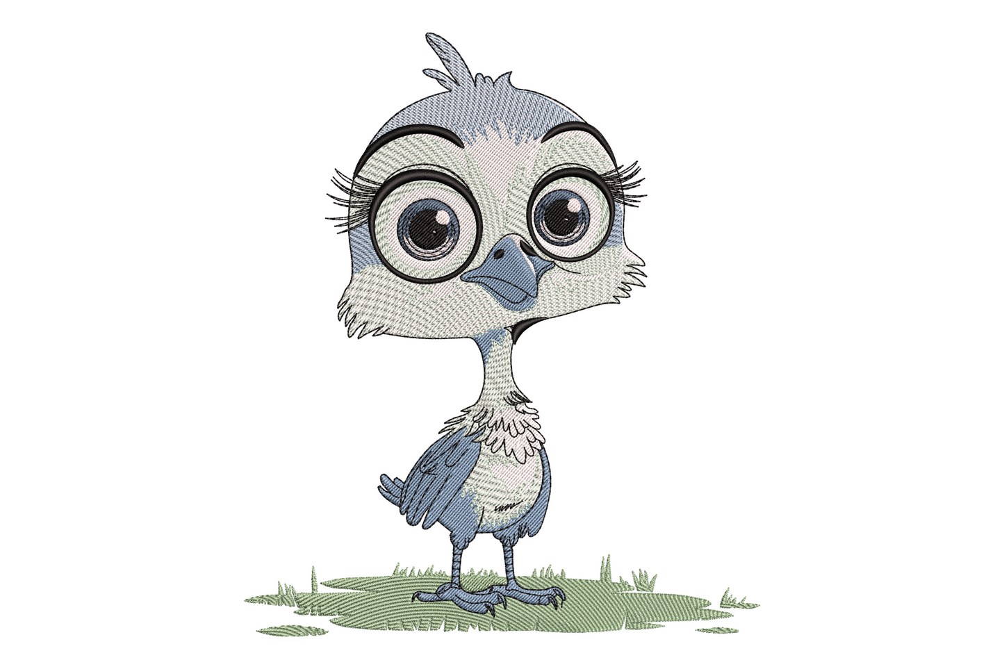 Kawaii chick embroidery design, oversized dark-ringed eyes, tiny blue beak, ruffled feathers, grass tuft, blue-grey.