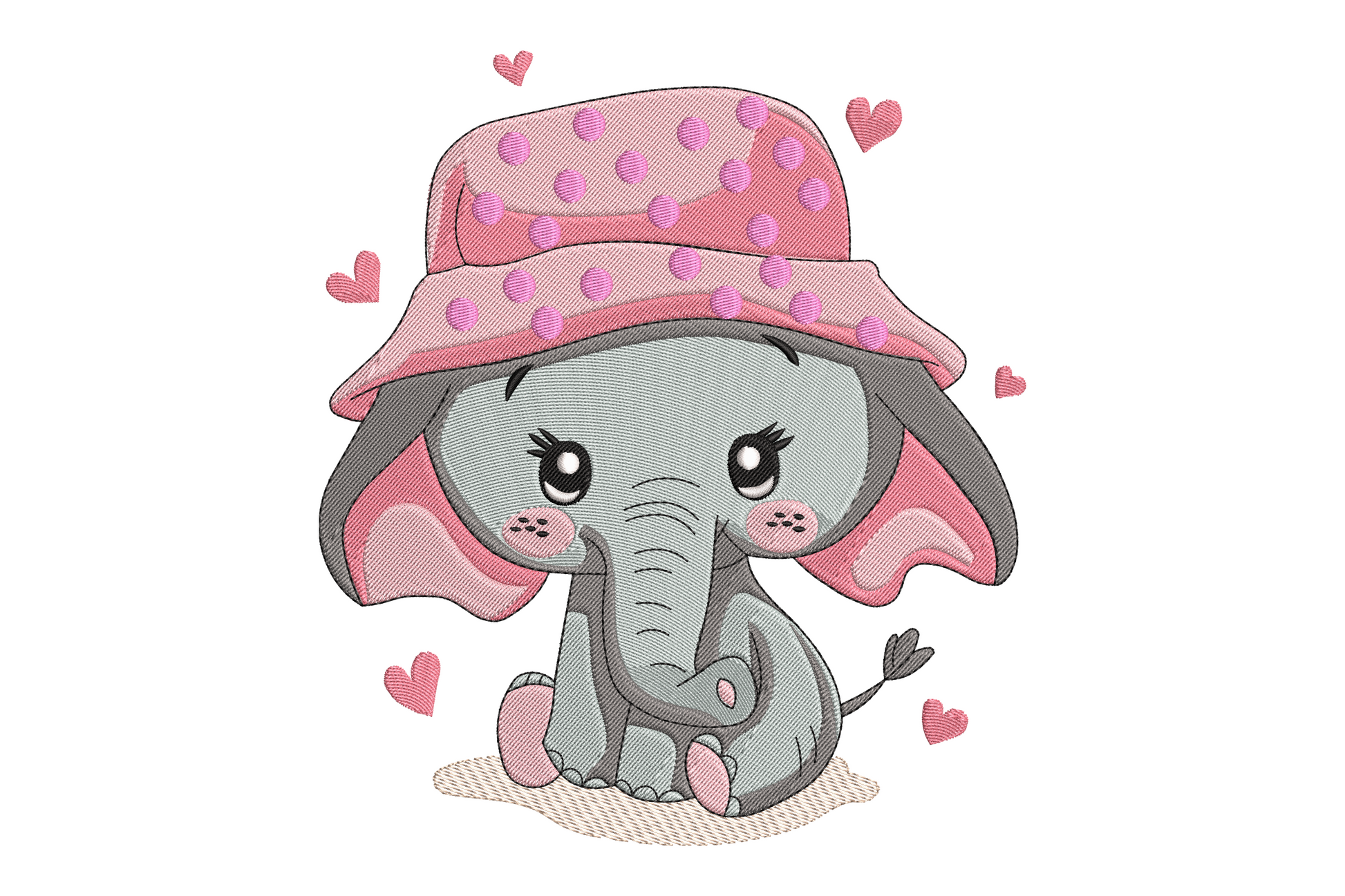 Kawaii elephant with hat embroidery design, round pastel grey-blue cartoon elephant with pink ears and bow hat, 8 colours