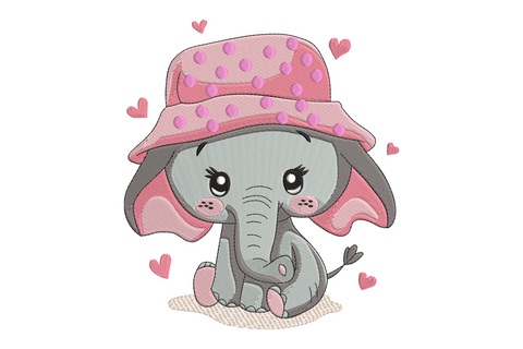 Kawaii elephant with hat embroidery design, round pastel grey-blue cartoon elephant with pink ears and bow hat, 8 colours