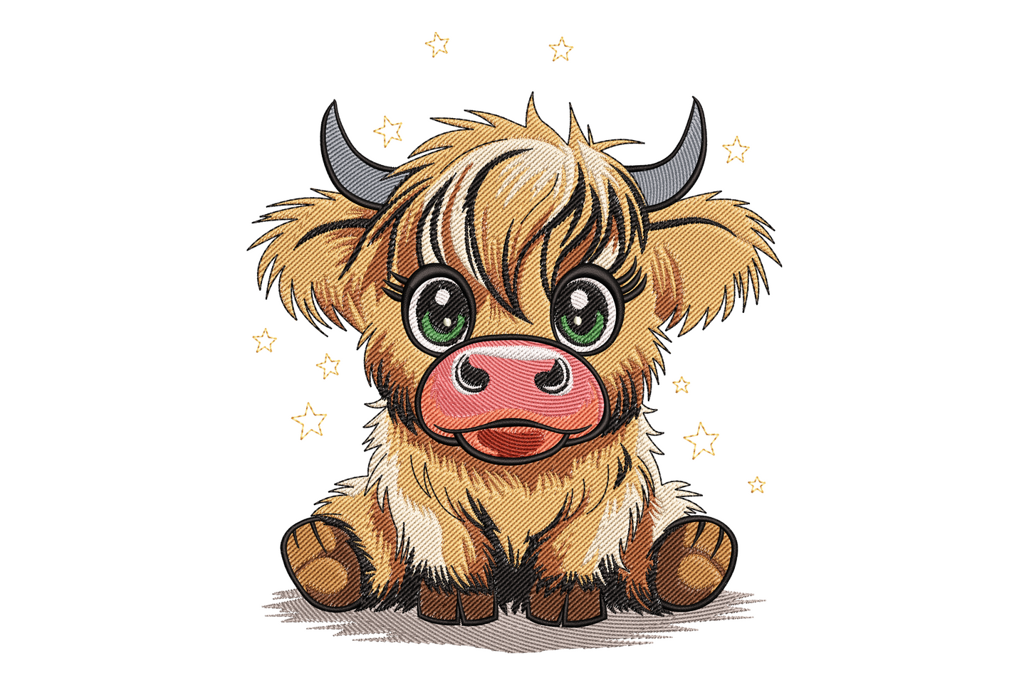 Kawaii highland cow embroidery design, 15 colours, fluffy ginger fringe over big round eyes with small horns peeking through