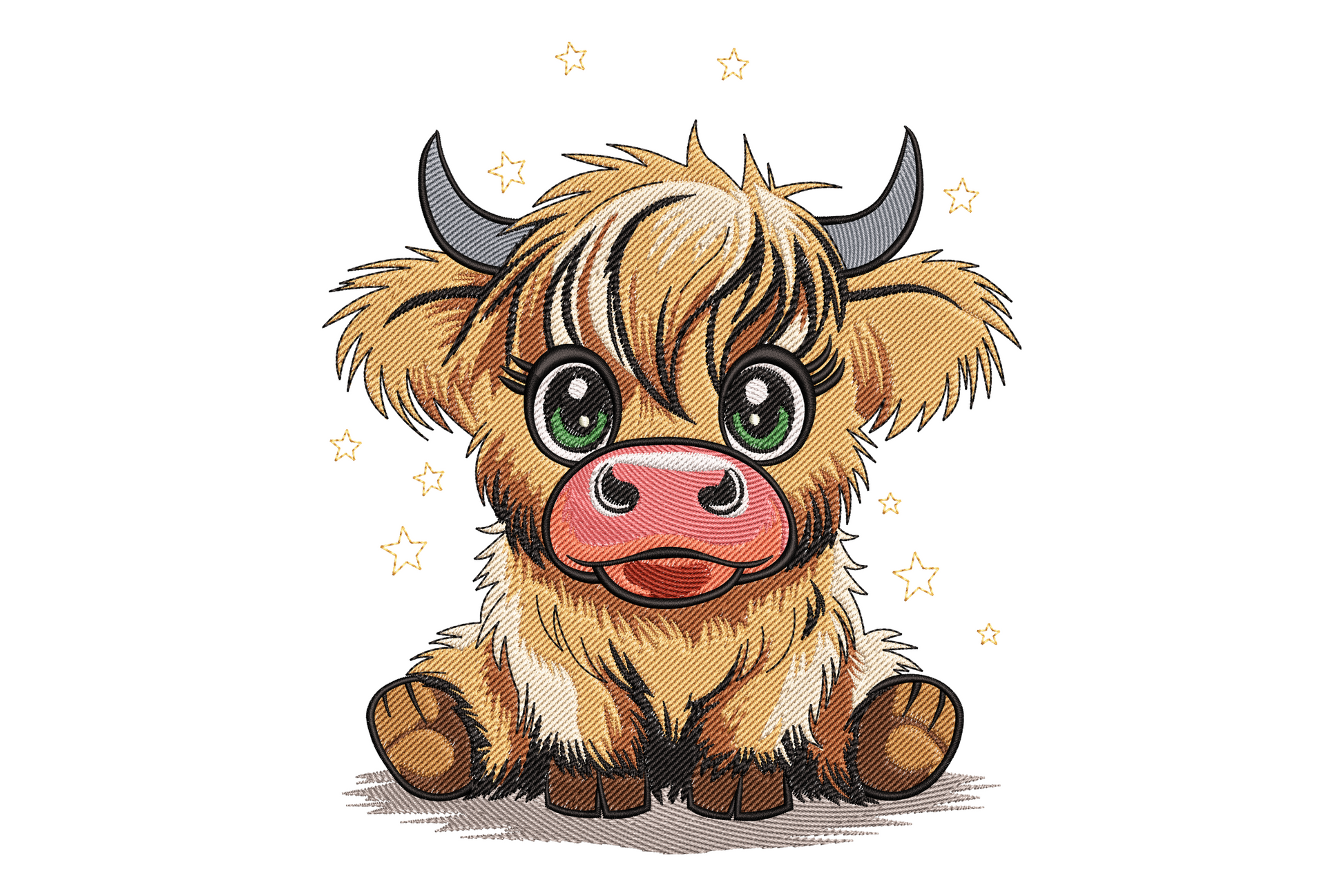 Kawaii highland cow embroidery design, 15 colours, fluffy ginger fringe over big round eyes with small horns peeking through