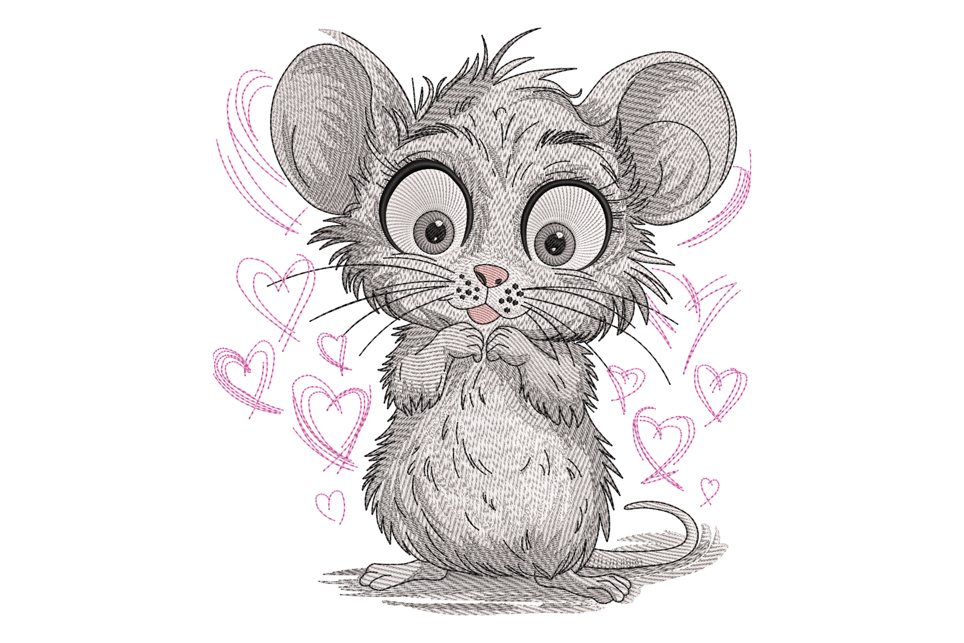 Kawaii mouse embroidery design showing a chubby grey cartoon mouse with huge round eyes, tiny pink nose and scattered pink heart outlines floating around it.