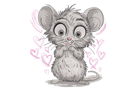 Kawaii mouse embroidery design showing a chubby grey cartoon mouse with huge round eyes, tiny pink nose and scattered pink heart outlines floating around it.