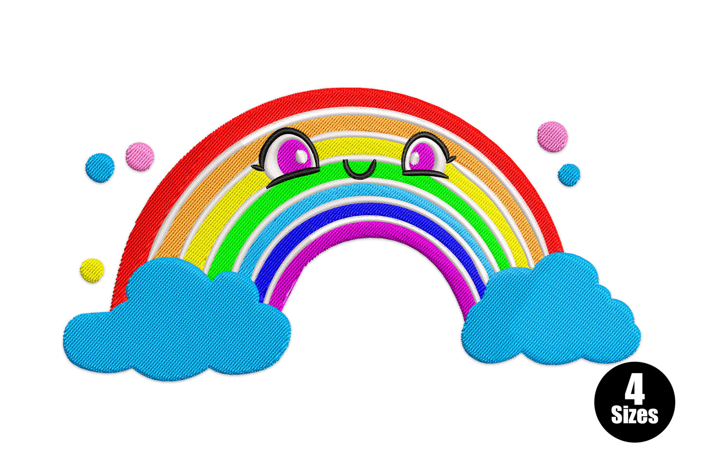 Kawaii rainbow machine embroidery design with smiley face, rosy cheeks, clouds, 10 thread colours, 4 sizes 3 to 6 inch