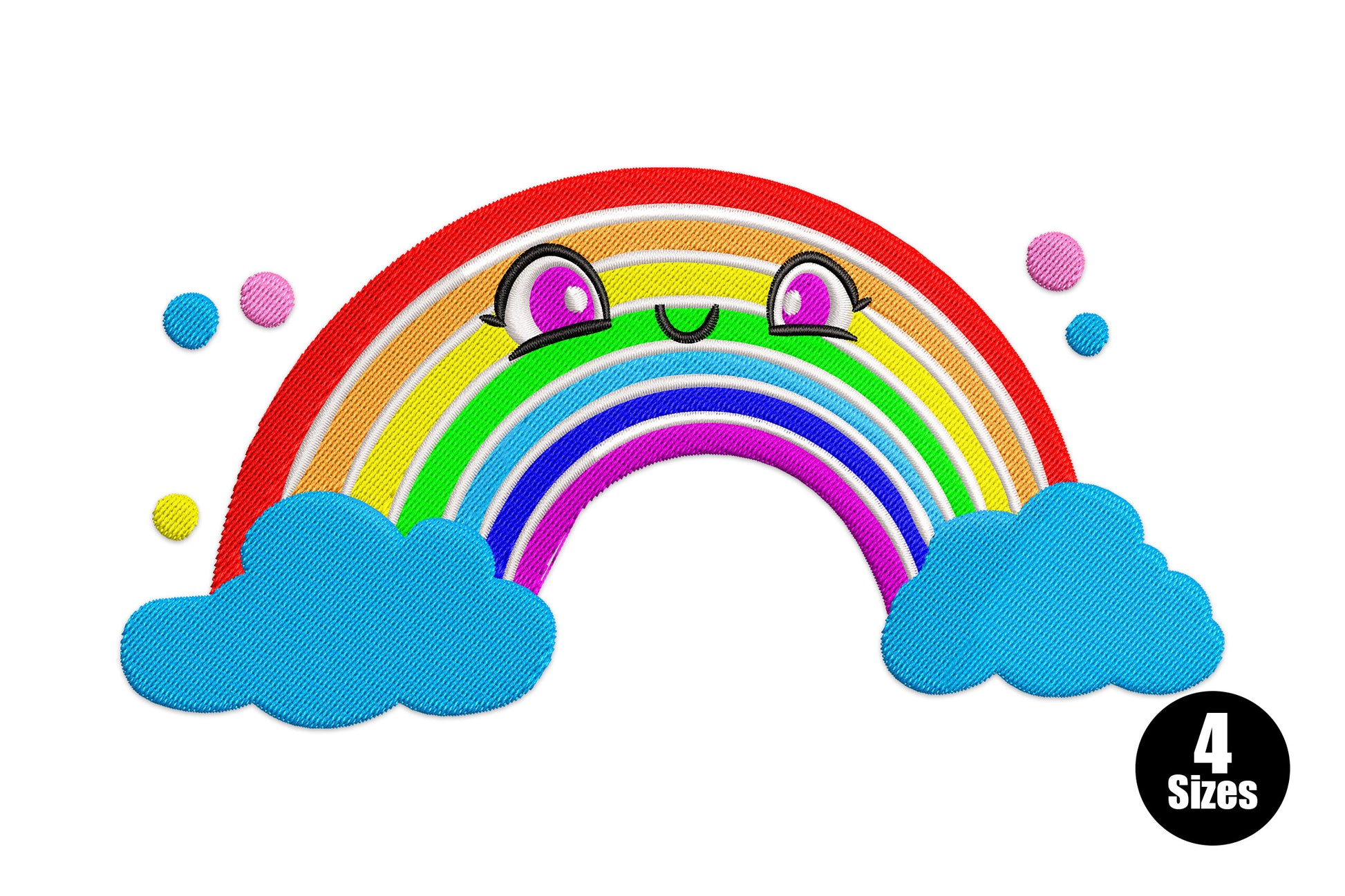 Kawaii rainbow machine embroidery design with smiley face, rosy cheeks, clouds, 10 thread colours, 4 sizes 3 to 6 inch