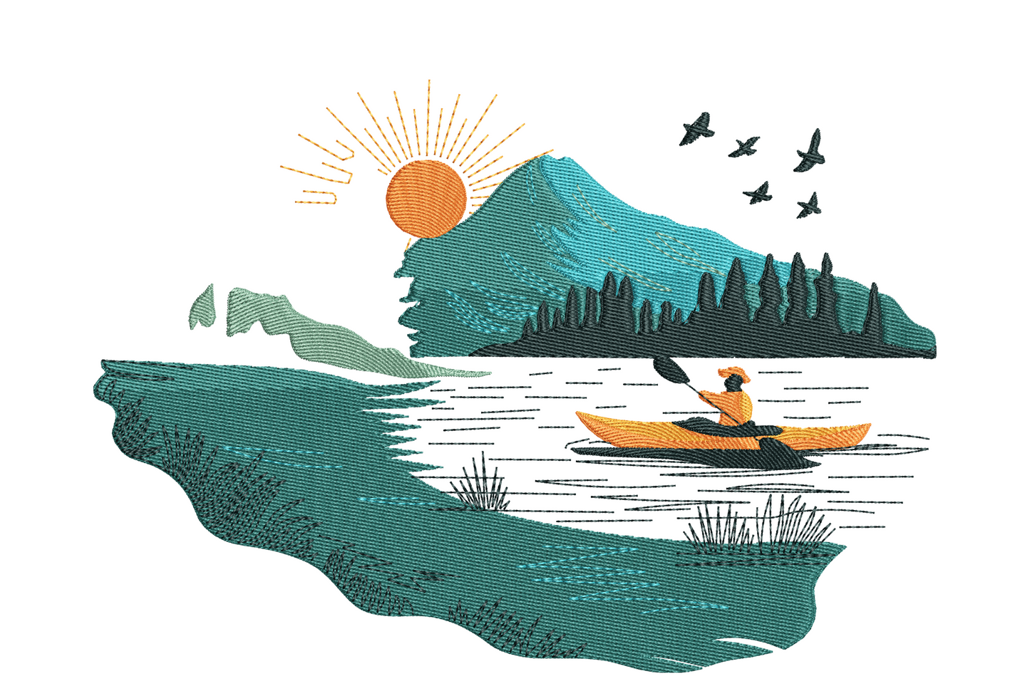Kayak adventure embroidery design with paddler crossing a lake at sunrise, twin slate mountains and burnt orange sun behind in cream sky.
