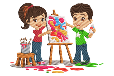 Cartoon kids painting embroidery design, girl in red tee with ponytail and boy in green tee at a wooden easel making a bright pink blue and yellow canvas.