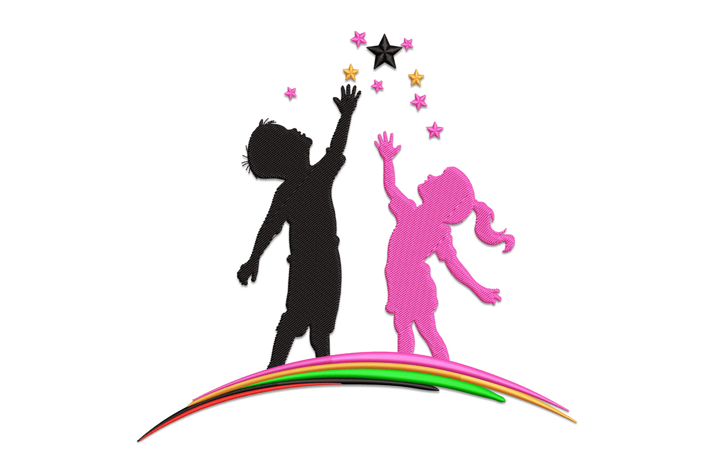 Kids reaching stars embroidery design, black and hot pink child silhouettes on a rainbow arc with scattered colourful stars.