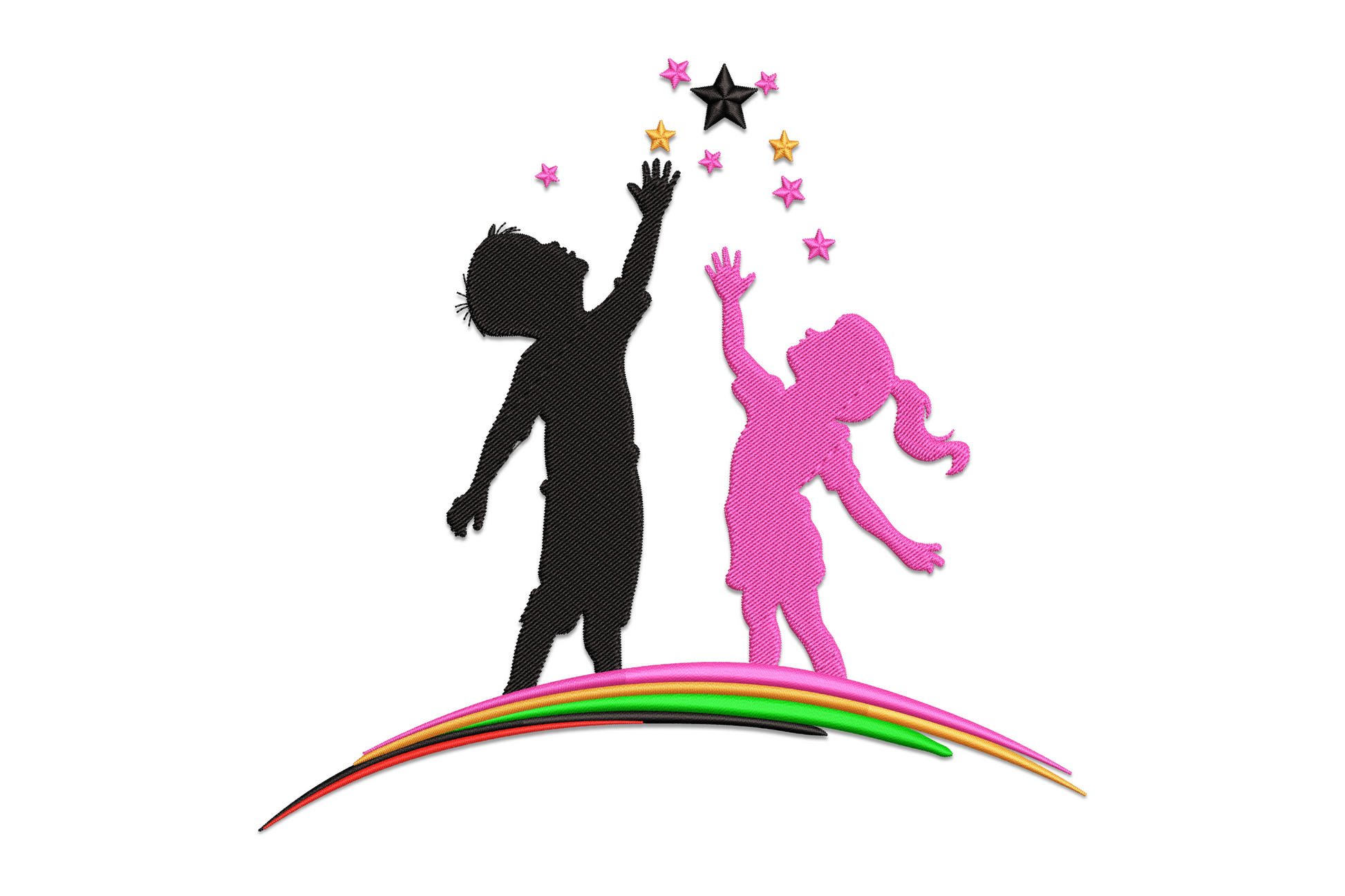 Kids reaching stars embroidery design, black and hot pink child silhouettes on a rainbow arc with scattered colourful stars.