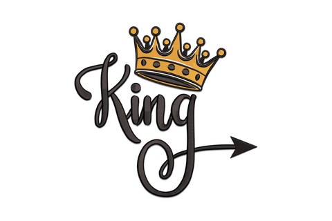 King crown embroidery, bold black brush script with orange jewelled crown above and a small arrow on the final letter.