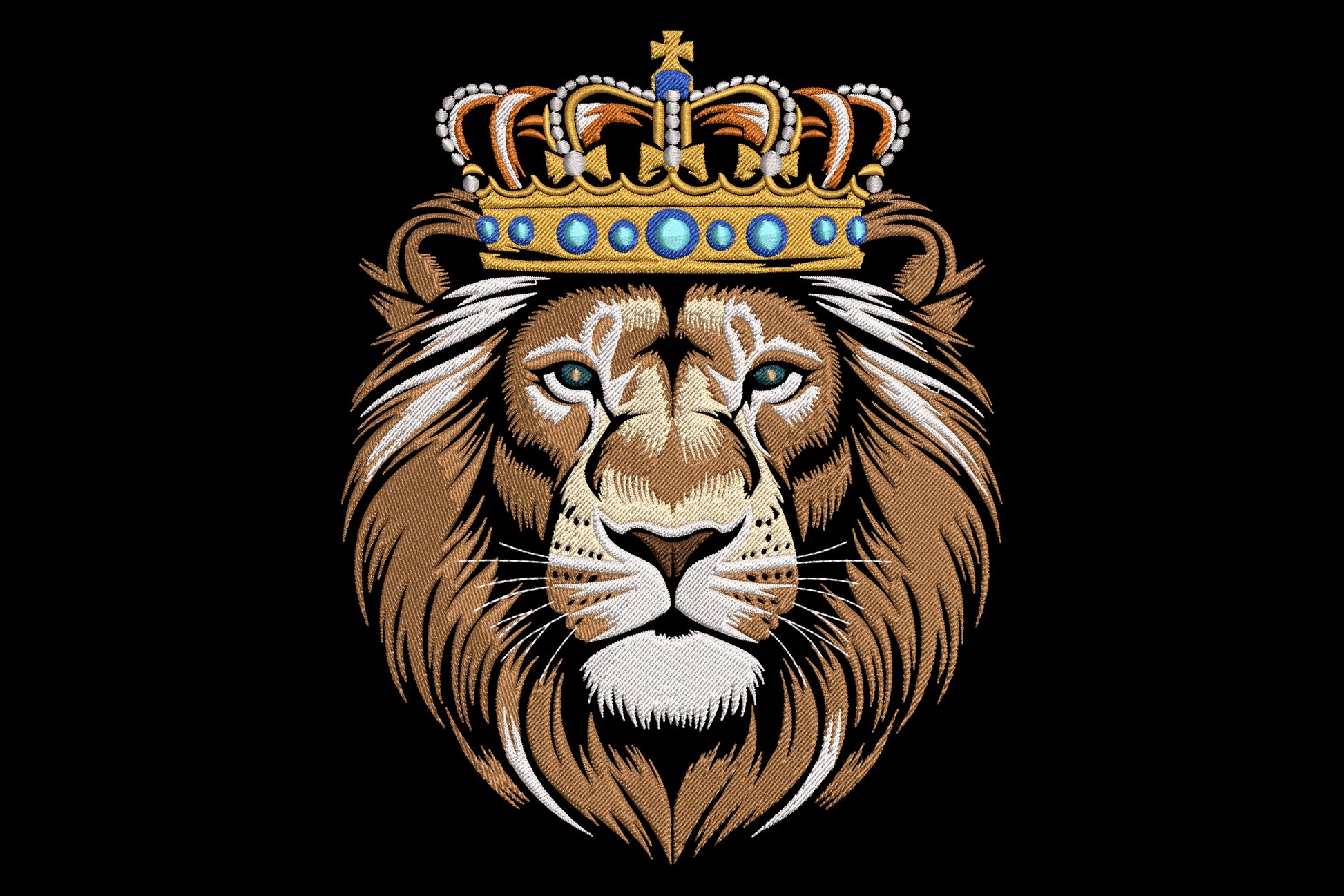 King lion head embroidery, gold crown with blue gems, brown fur, cream mane, aqua eyes, 11 thread colours, 9 sizes