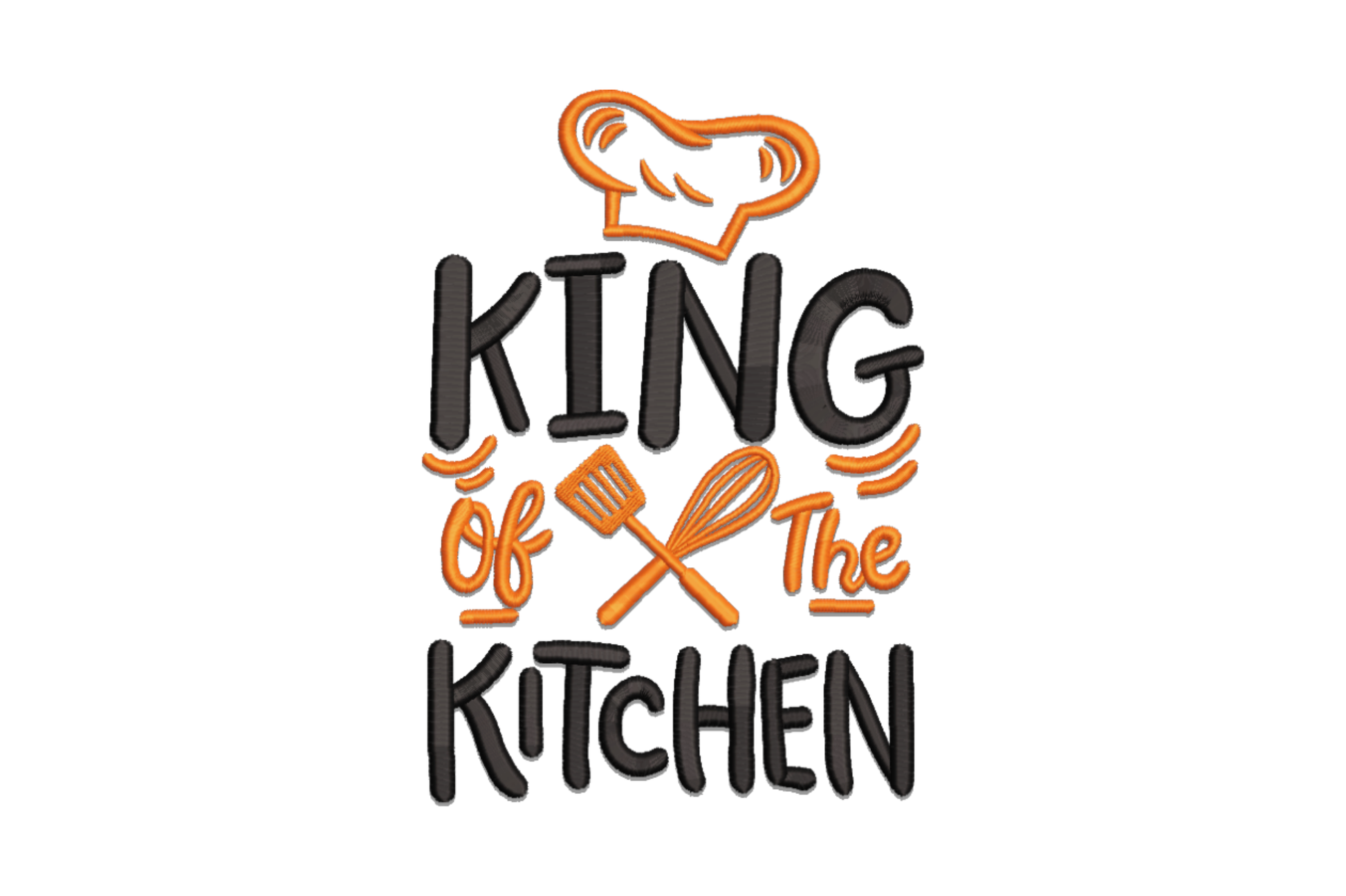 King of the Kitchen embroidery design in black and orange, chunky blocks with chef hat and crossed spatula and whisk.