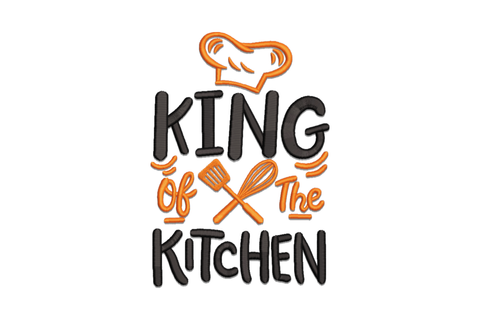 King of the Kitchen embroidery design in black and orange, chunky blocks with chef hat and crossed spatula and whisk.