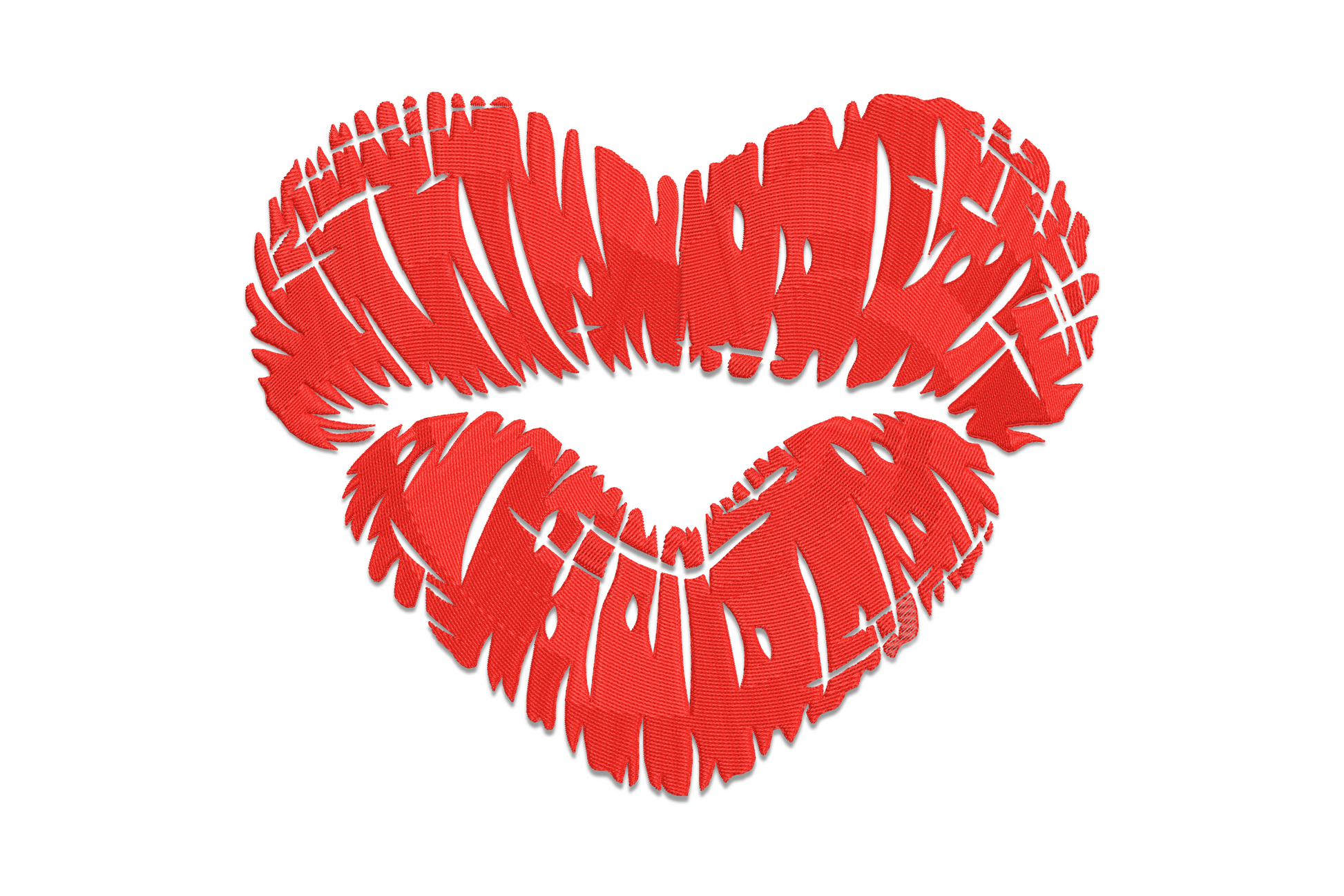 Single-colour puckered lips and floating heart embroidery in red, high-density satin fill on white cotton