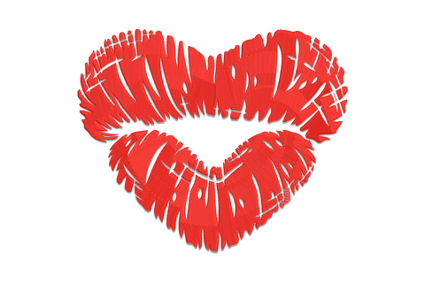 Single-colour puckered lips and floating heart embroidery in red, high-density satin fill on white cotton