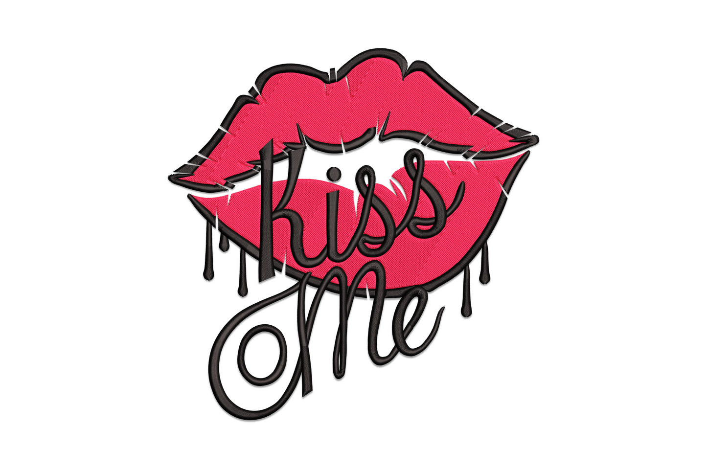 Machine embroidery design of hot pink lips with 'kiss me' brush script dripping below in dark thread, with ink drip details, two-color design on white background