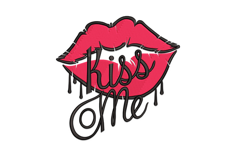 Machine embroidery design of hot pink lips with 'kiss me' brush script dripping below in dark thread, with ink drip details, two-color design on white background