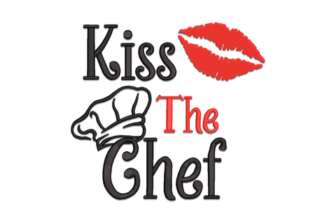 Kiss The Chef embroidery in black and red with serif Kiss, red lipstick print, chef hat outline, and script Chef.