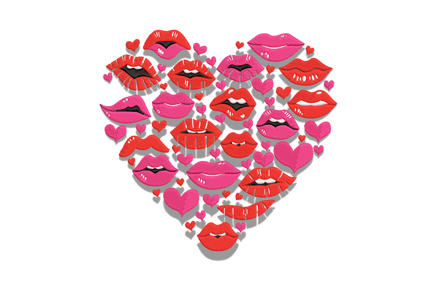 Lips shaped into a heart outline embroidery design, 4 colours with glossy satin fill and highlight, flirty valentines kiss pattern for sweatshirts and totes