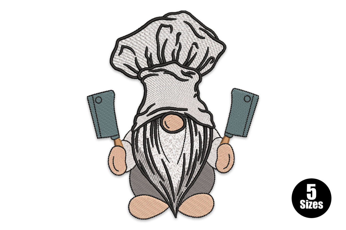 Kitchen gnome embroidery with a cooking pot hat, ladle and apron in red, cream, tan, green, grey and mustard thread.