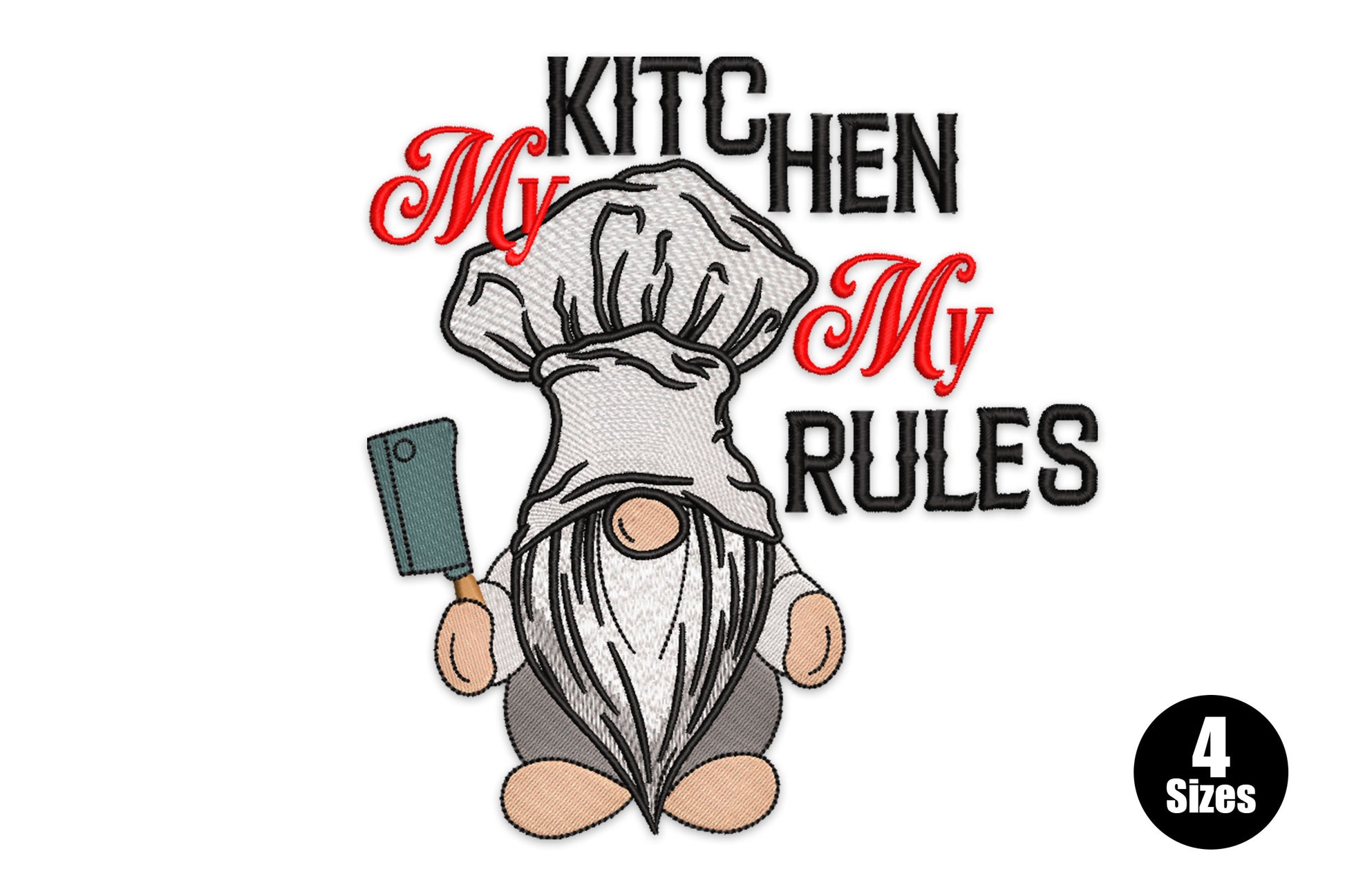 Kitchen gnome embroidery design with a chef hat gnome holding a cleaver surrounded by the words My Kitchen My Rules in red script and bold black block letters.